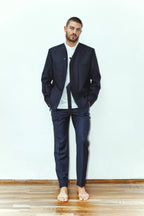(SOON) Collarless jacket with side-tie belt
